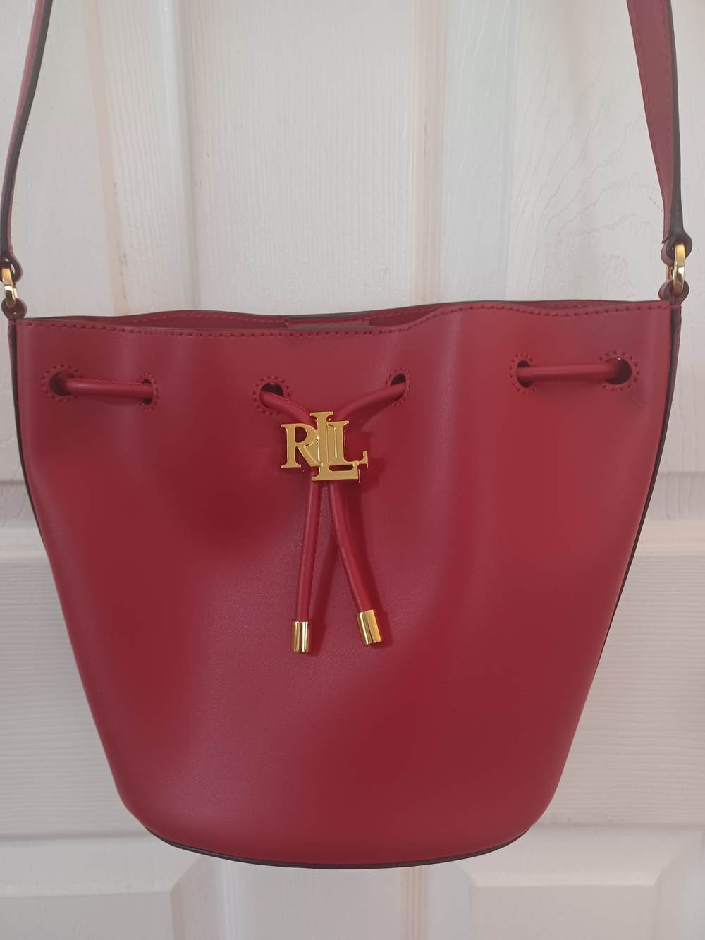 NWOT Lauren Ralph Lauren Andie Medium Red Leather Drawstring Bucket Bag